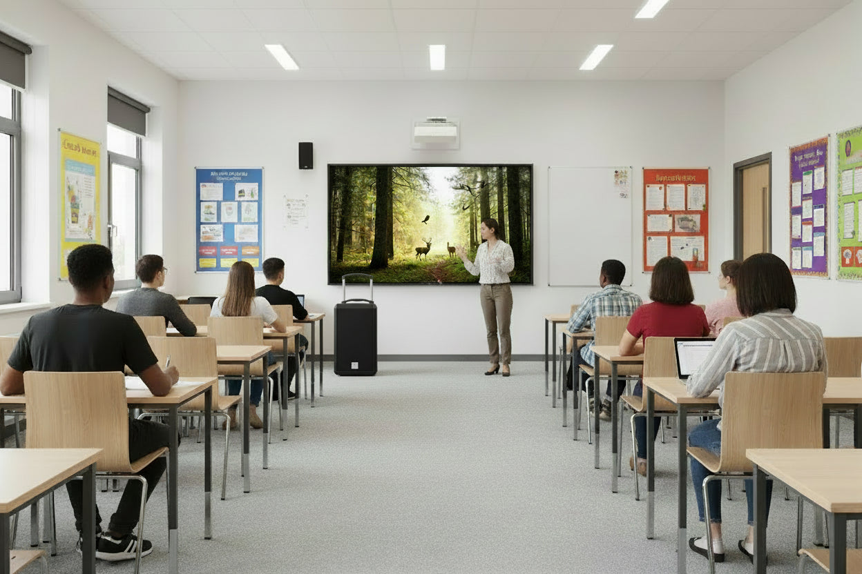 Black portable speaker with wheels on a white background