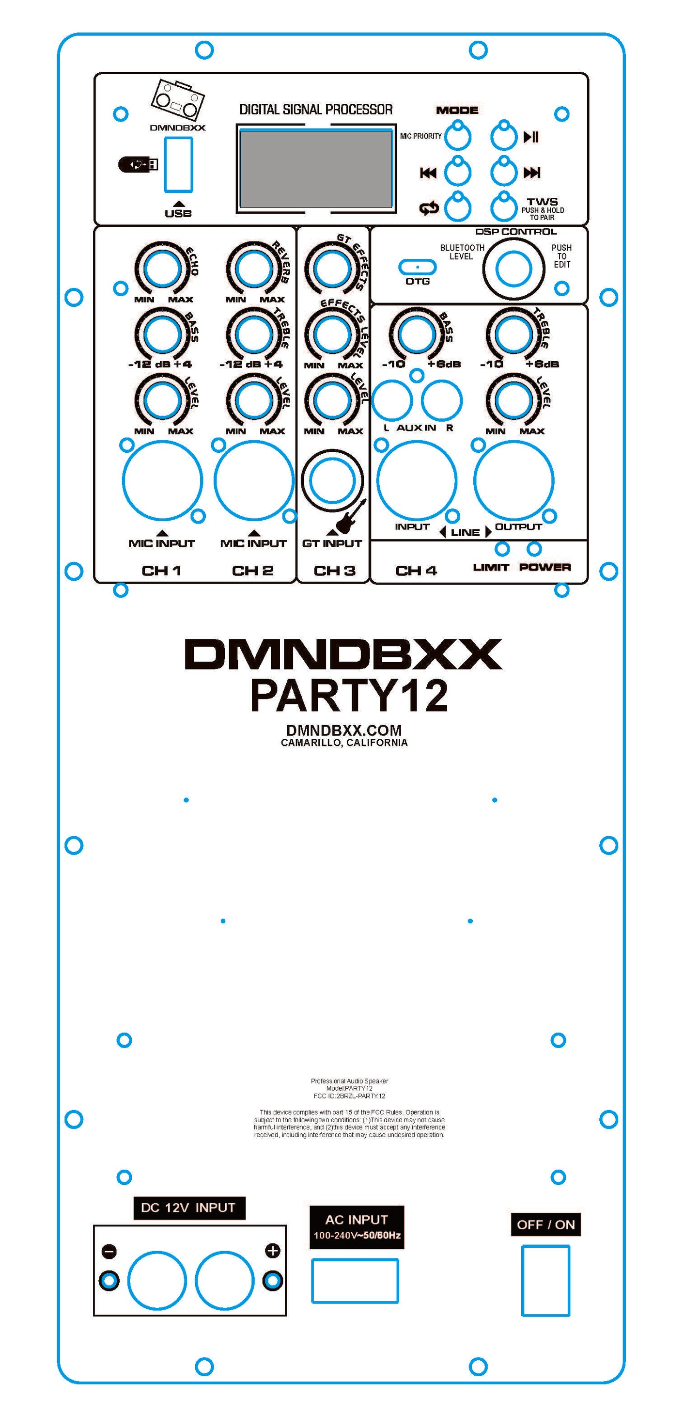 Digital diagram of a DMNBXX Party12 electronic device with labeled components on a white background.